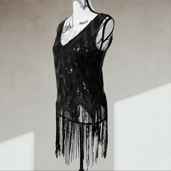 MELANIE LYNE sequins tassel fringe top LARGE - Picture 4 of 6